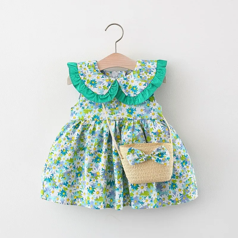 Sleeveless Summer Newborn Dress Fashion Print Doll Collar Cute Princess Beach Flowers Dresses+Bag Little Girls Clothing