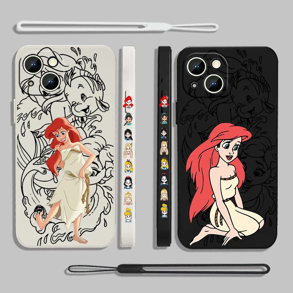

Disney Mermaid Princess Girl Liquid Left Rope For Apple iPhone 15 14 13 12 11 XS XR X 8 7 SE Pro Max Plus Mini Cover Phone Case
