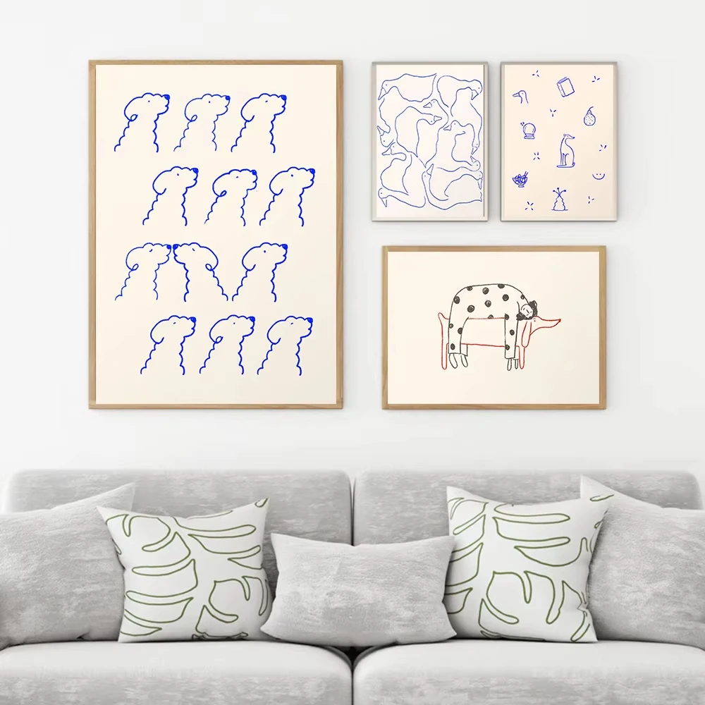 Niedliches blaues Linien-Hundeposter, abstraktes Haustier-Wandbild, Tiere, Leinwandgemälde, minimalistischer Kunstdruck, moderne Kinderzimmer-Schlafzimmerdekoration