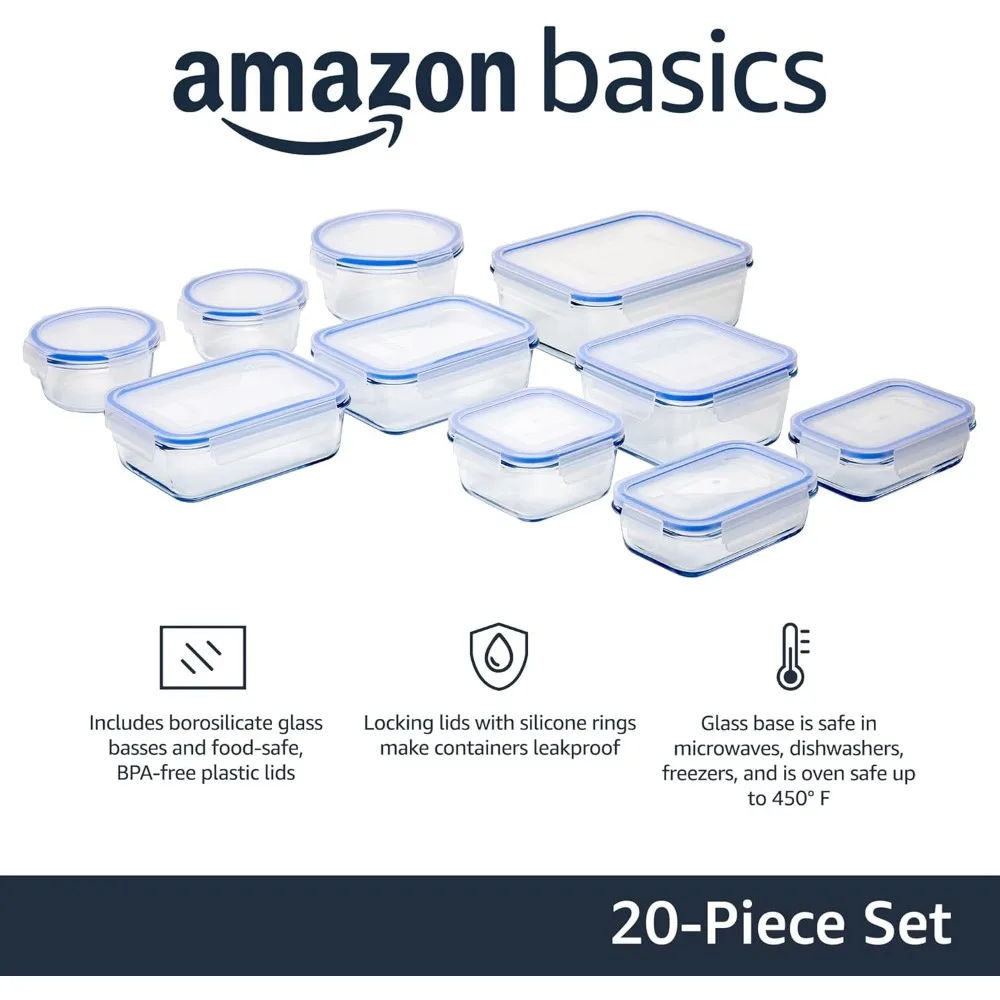 20-Piece Glass Food Storage Containers, 10 Count of Bases and Plastic Lids, Transparent, Blue