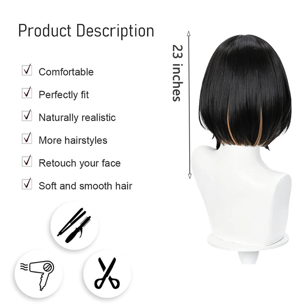 Jie Cosplay Wigs Black Brown Highlights Short Bob Wig with Side Braid Blunt Bangs Heat Resistant Synthetic Hair For Anime Party