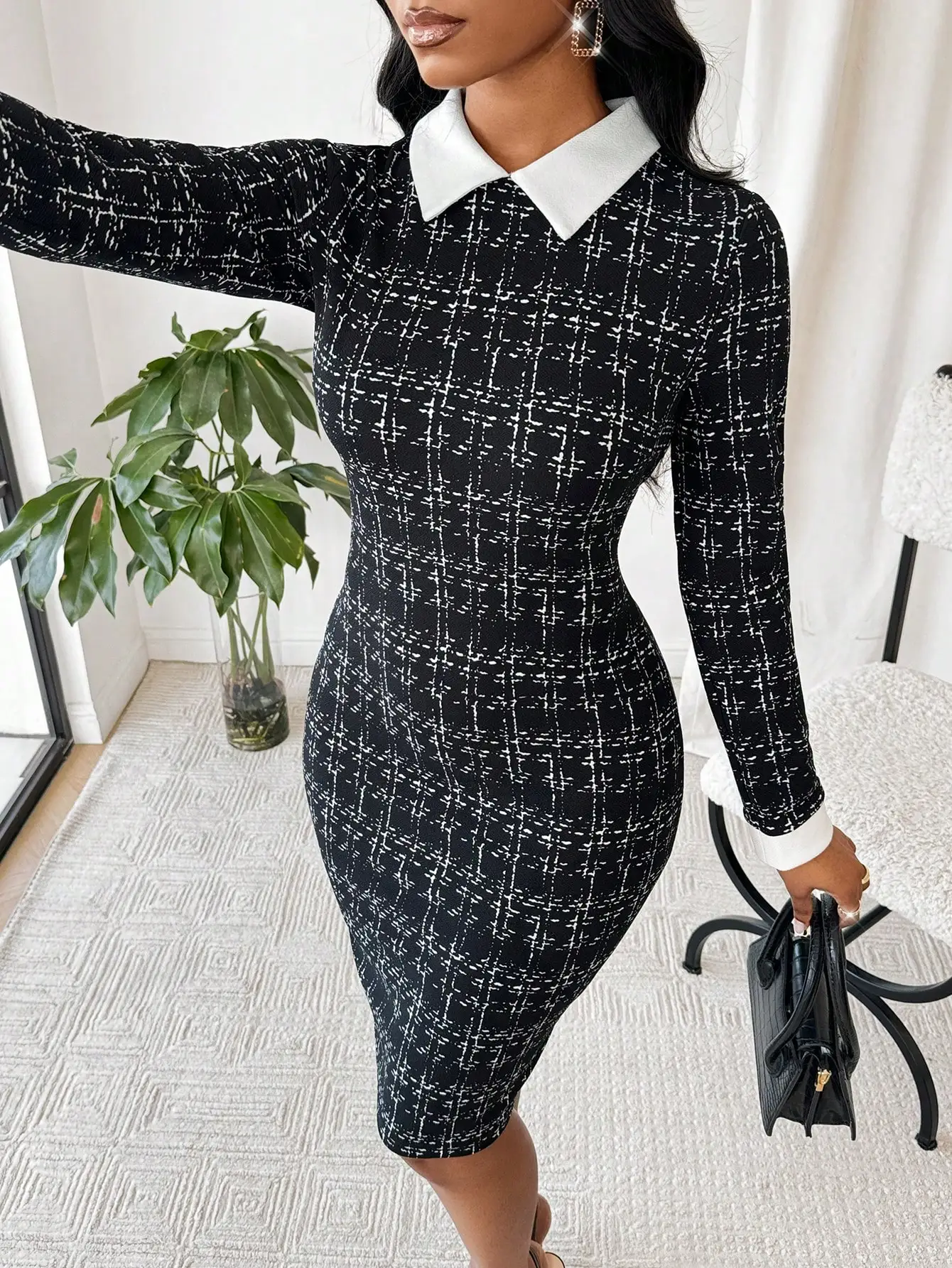 

Lady Spring And Summer Office Dress Dresses Casual Elegant Work Bodycon Dress Shirt Collar Tweed Women Dresses