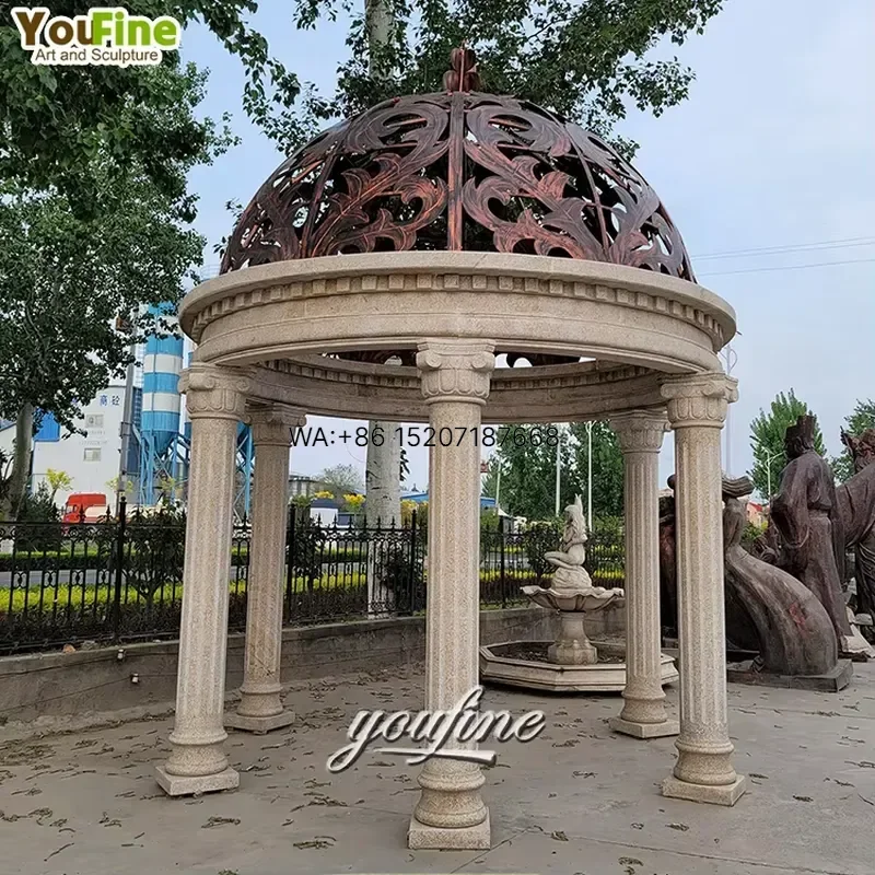Wmwmnu White Marble Gazebo Outdoor Garden Park Large Round Pavilion Dome Roof Corinthian Columns for Villa Park