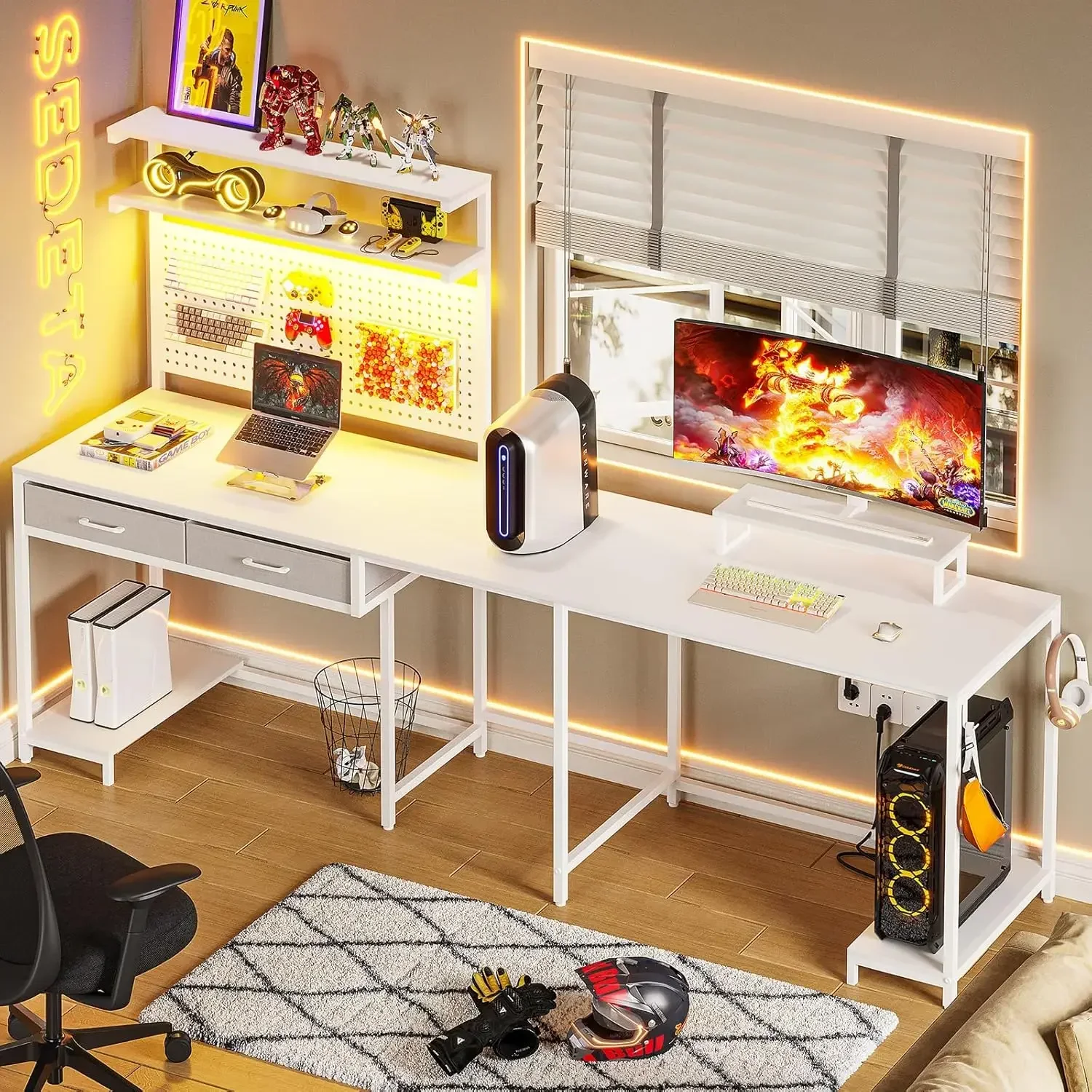 White L Shaped Gaming Desk with LED Lights and Drawers, Gaming Desk with Hutch & Pegboard, Computer Desk