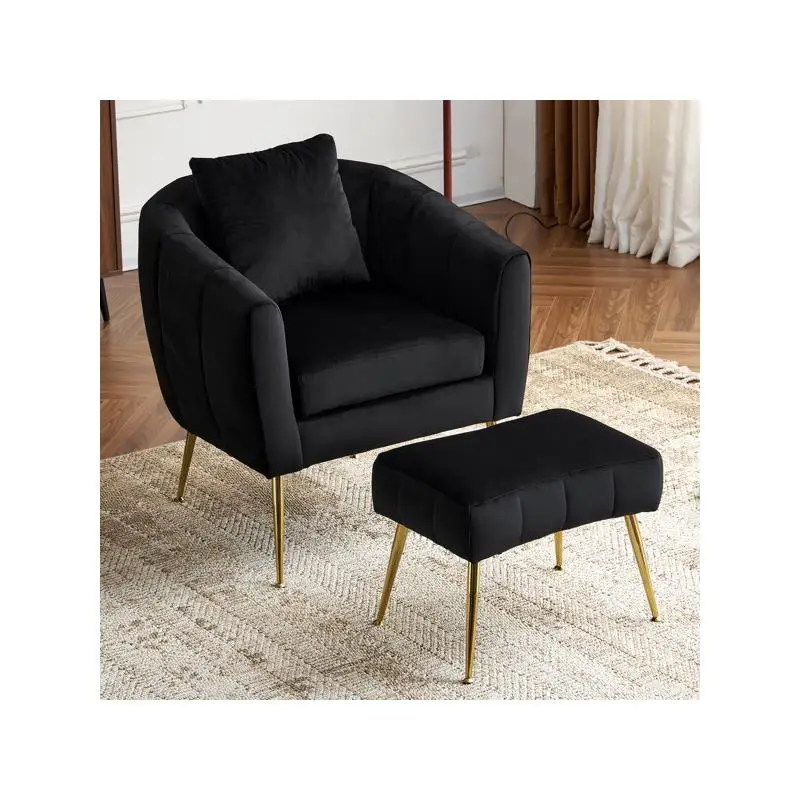 

Modern Velvet Barrel Accent Chair Set with Ottoman & Lumbar Pillow for Living Room, Bedroom, Study, or Home Office - Stylish