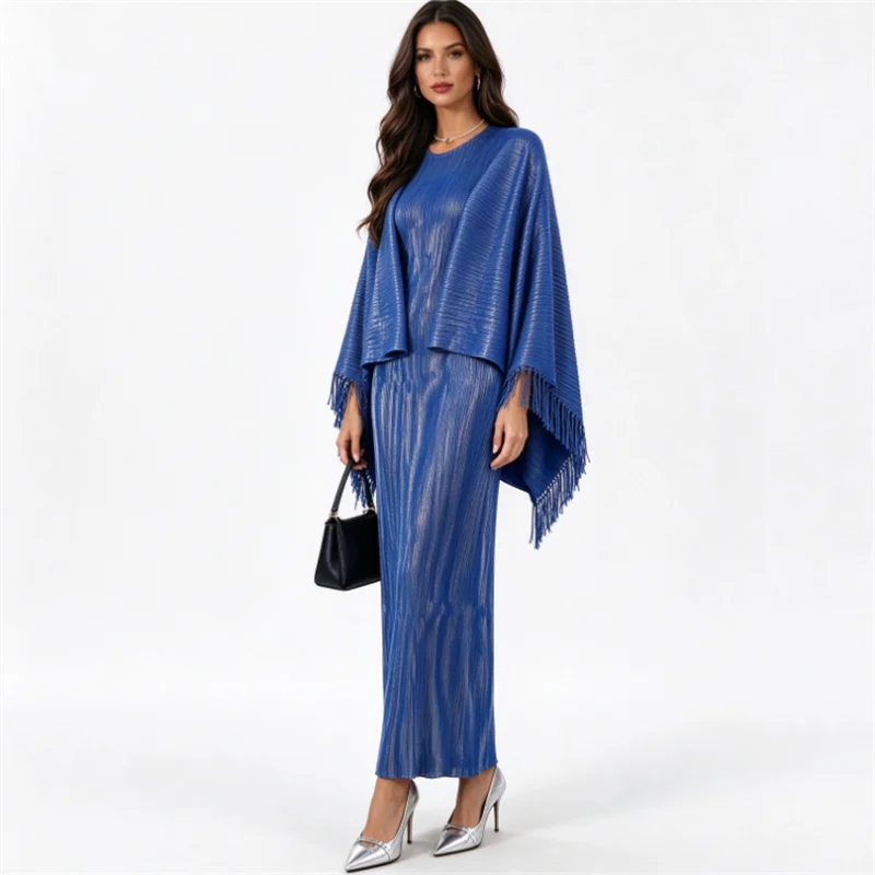 Miyake Pleated Women Blue Ribbed Two Piece Set, Cape Jacket with Tassel Sleeves Long Dress, Vertical Texture Outfit