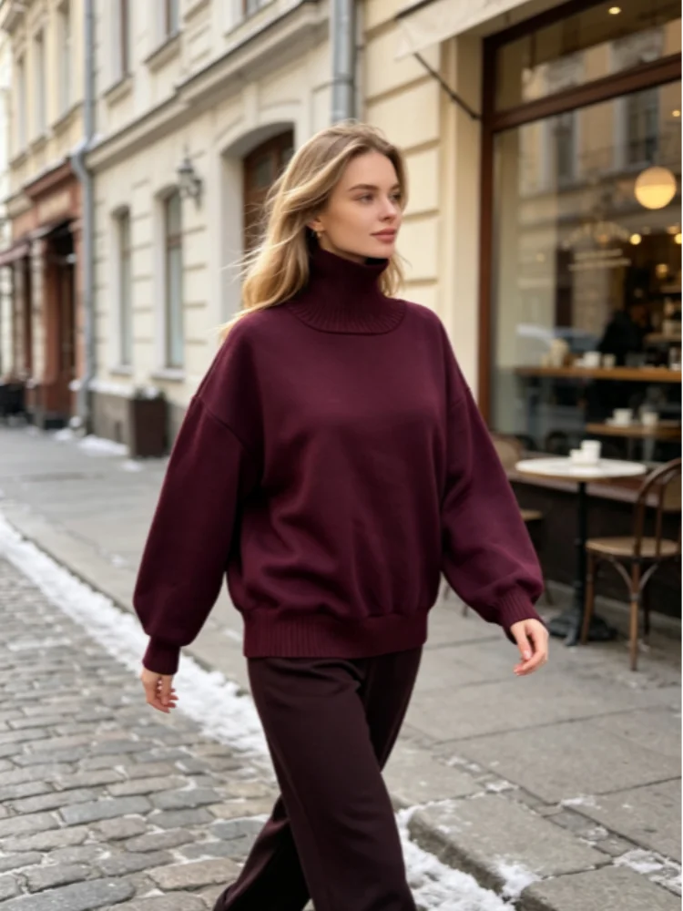 2026 Women's Autumn Two Piece Set Casual High Collar Sweater Patchwork Top Pullover Loose Pants Chic Commute Daily Lady Outfit