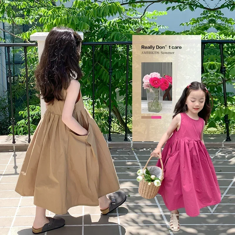 

Children Clothing Girl Temperament Sleeveless Dress 2024 Summer Children Large Skirt Hem Cotton Vest Skirt