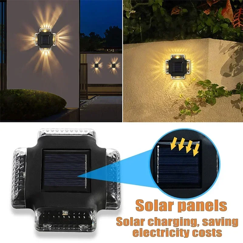 Luces LED solares impermeables para exteriores, lámpara de pared, foco de cuatro lados, luz Solar, iluminación de jardín, decoración de vallas de patio, 1-8 piezas