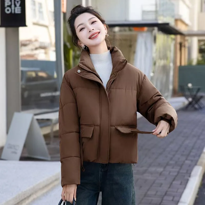 2024 Autumn Winter Short Cotton-padded Coat Women's Fashion Anchorage Red Joker Solid Color Short Coat Loose Cotton-padded Coat