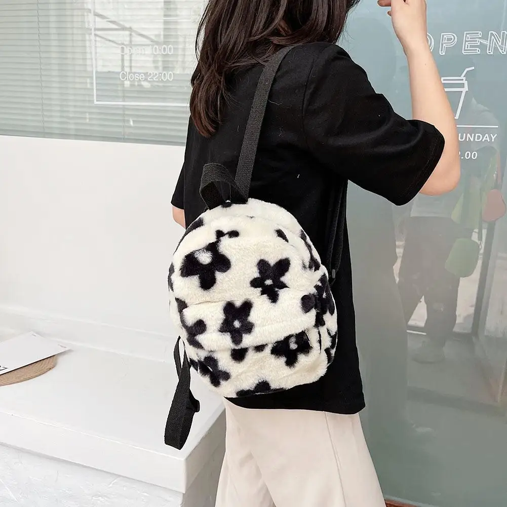 Mochila pelúcia estampada flores para mulheres, estilo casual formal, mochila pequena, senhoras