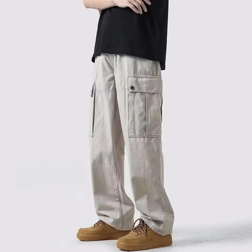 Men Cargo Trousers Cargo Trousers Retro Wide Leg Cargo Pants with Multi Pockets for Men Breathable Streetwear Trousers Solid