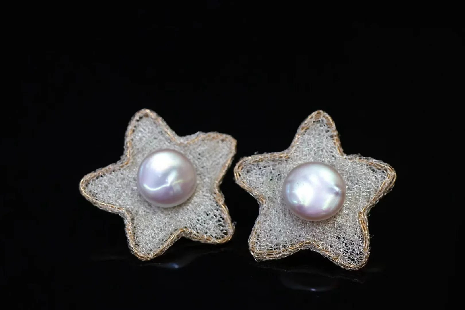 Customized 14K Gold Filled Handmade Wire Mesh Lace Natural Freshwater Pearl Folwer Earrings/Ring Collection Women Fine Jewelry