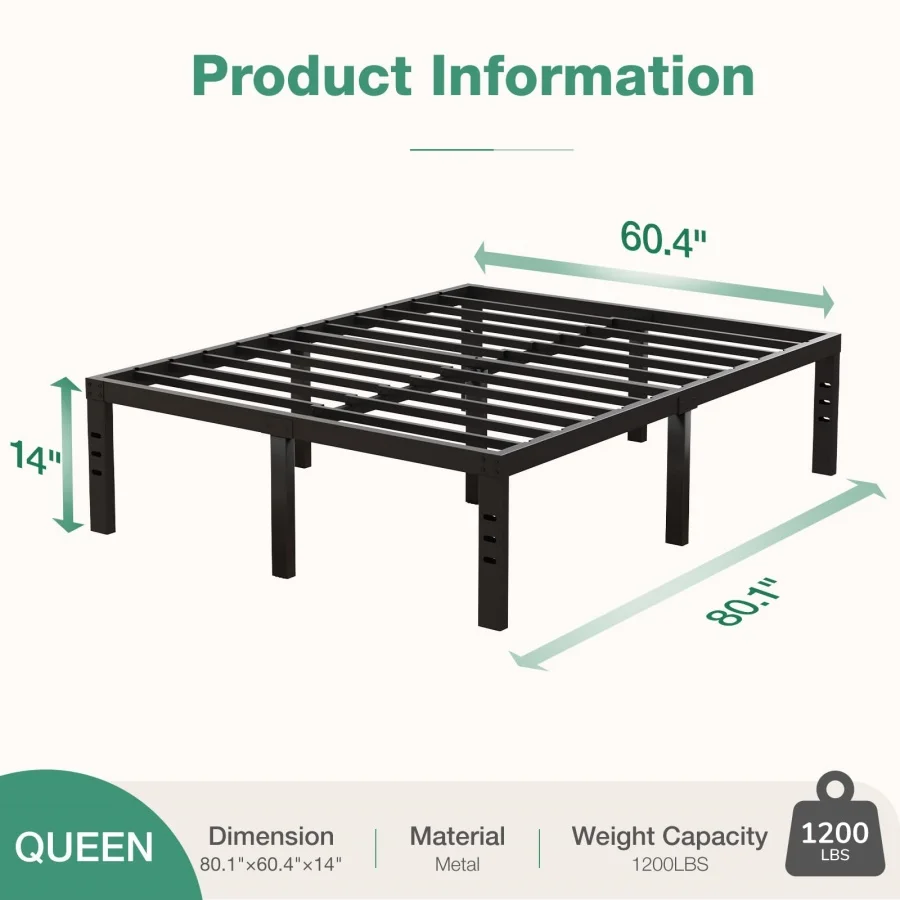 

Каркас кровати размера Queen, 14-дюймовая металлическая платформа для кровати размера Queen с местом для хранения под кроватью, прочная стальная решетка, простая сборка