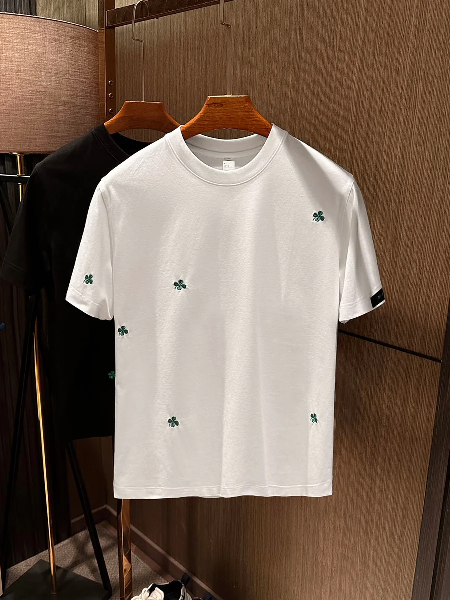Luxury Embroidery Process round Neck Short Sleeve T-Shirt Men's High End Cotton Feel Thread Summer New Style Breathable Sweat...