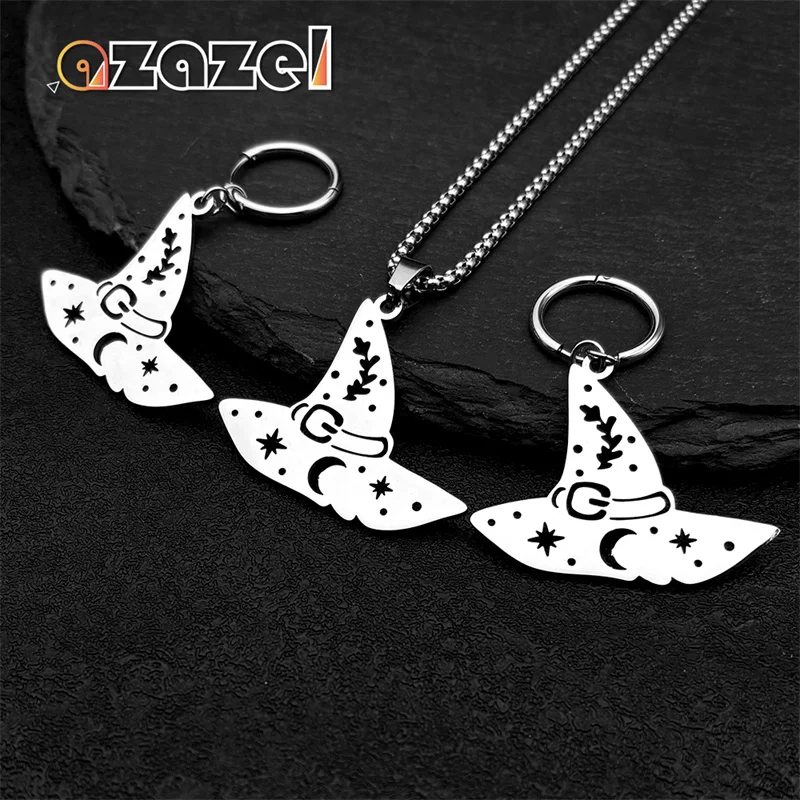 

Witch Hat Star Moon Snowflake Necklace Earrings Set for Women Men Stainless Steel Silver Color Halloween Jewelry Gifts ﻿3494