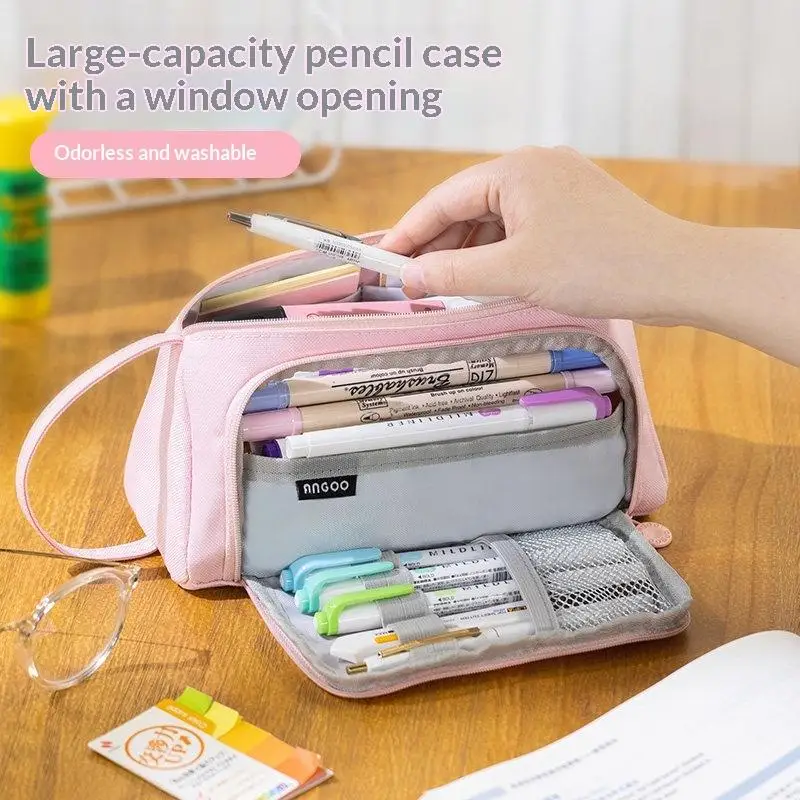Portable Pencil Case Large Capacity Multilayer Pencil Storage Bag Solid Color With Handle Pen Box School Office Supplies