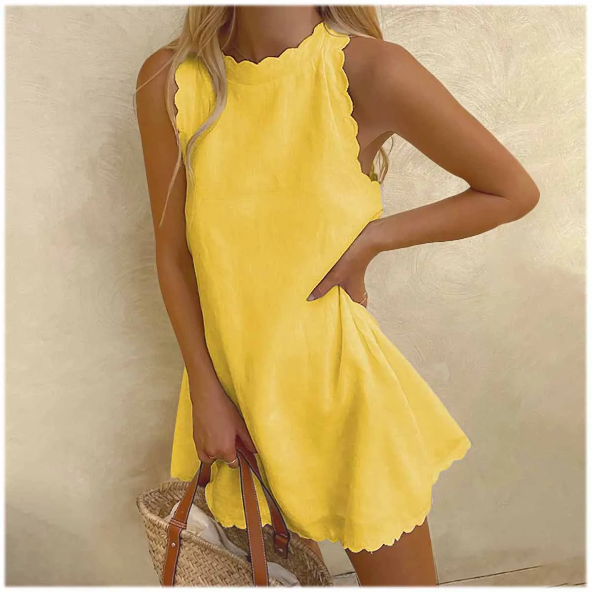 

2023 Female Summer Solid Cotton Linen Sleeveless Dress Women Casual Mini Dress Lady Spring Office Chic Loose Dresses Vestidos