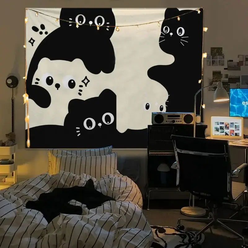 VIKAMA Black White Cartoon Cat Tapestry Kawaii Kitten Wall Hanging Ins Style Bedroom Polyester Photo Backdrop