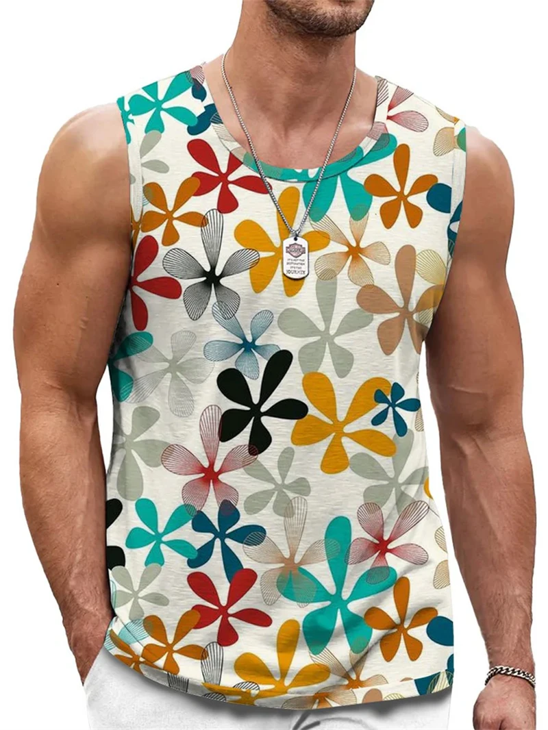 Fashion Floral Graphic Tank Top For Men Trend Summer Sleeveless 3D Flower Printed Vest Tees Loose Streetwear Breathable Tops