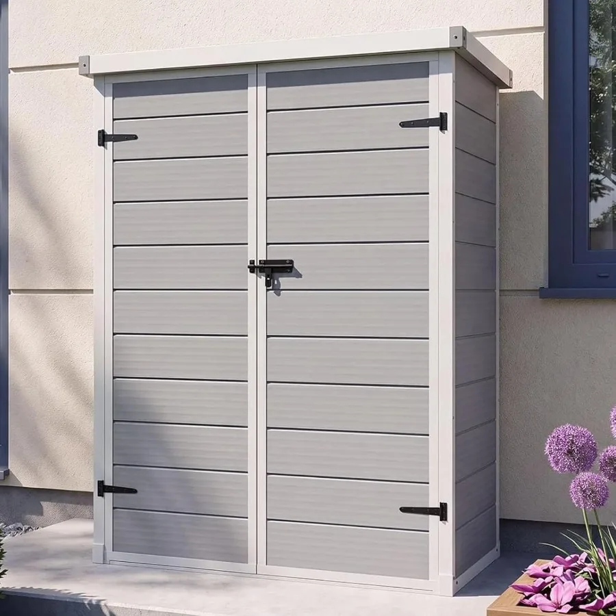Outdoor Tall Storage Shed, 5×3 Feet Vertical Shed with Floor and Lockable Doors, Large Space Plastic Storage Cabinet for Yard S
