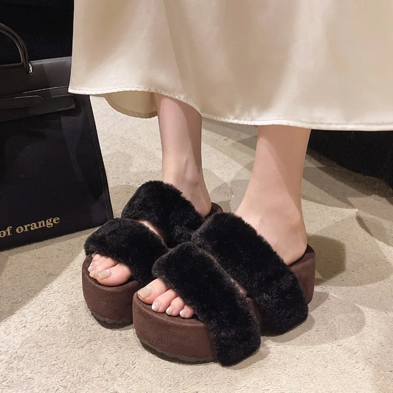 

Женские модные тапочки с круглым носком, подошва на платформе, высокие каблуки, однотонные хлопковые тапочки, модные уличные универсальные флисовые тапочки