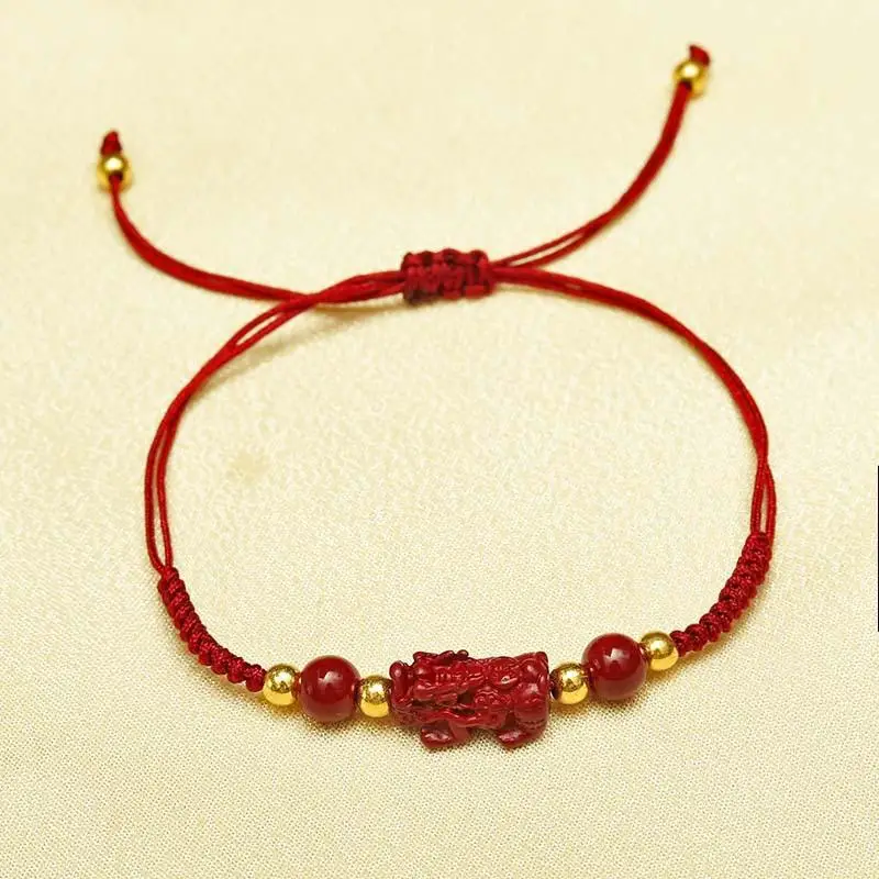 Zinnober-Pixiu-Armband mit handgeflochtenem Seil, Glücksbringer, rotes Armband für Damen und Herren, Schmuckzubehör. – Detail 1