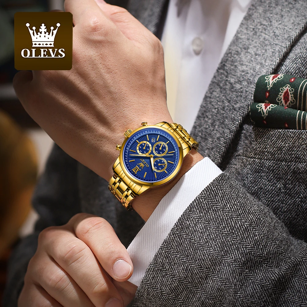 OLEVS Official Exclusive Watch for Men Gold Stainless steel Strap Automatic Date Men's Quartz Watch