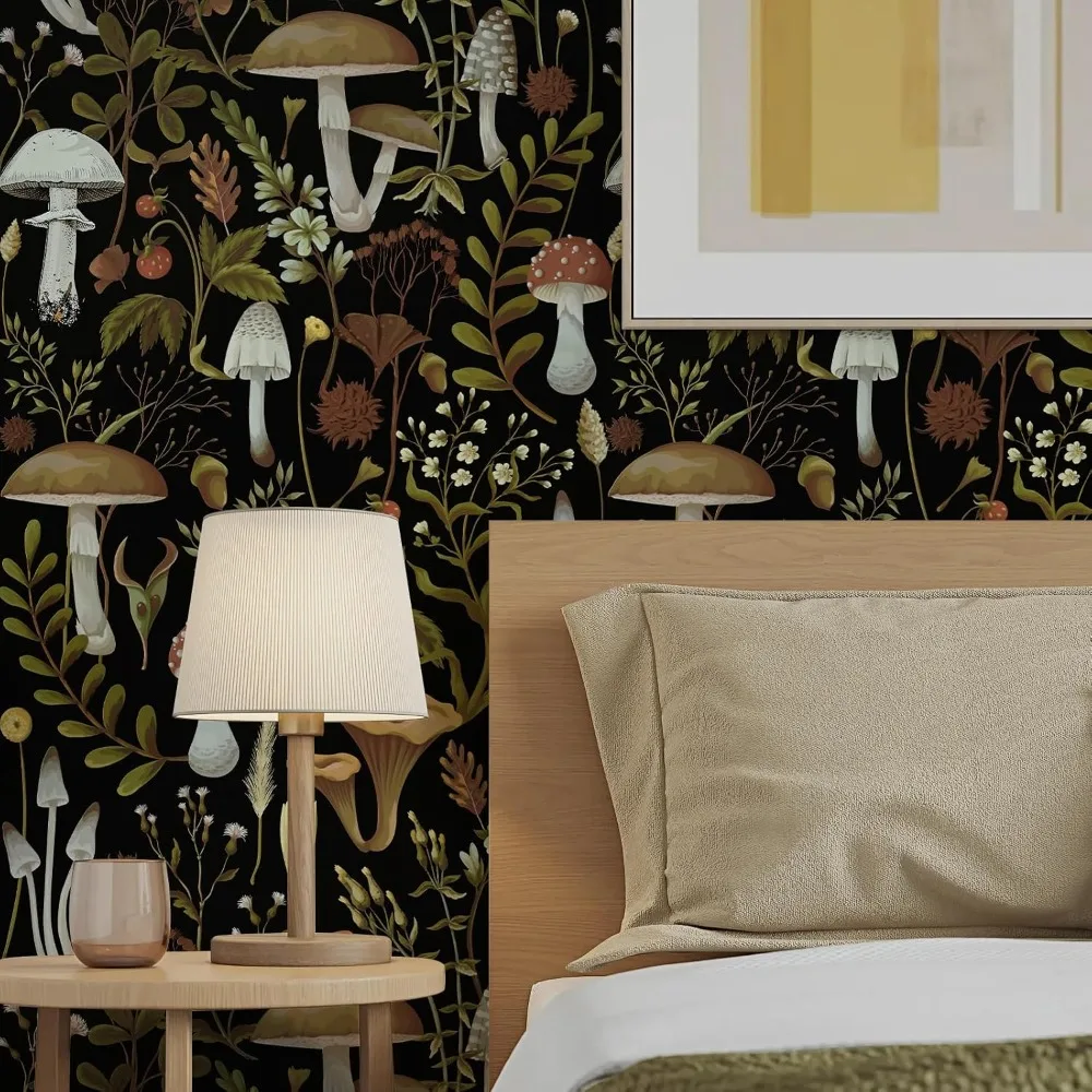 Papel de parede de vinil com padrão de cogumelo boêmio floral – autoadesivo removível para banheiro e quarto, 17,3 x 9 polegadas