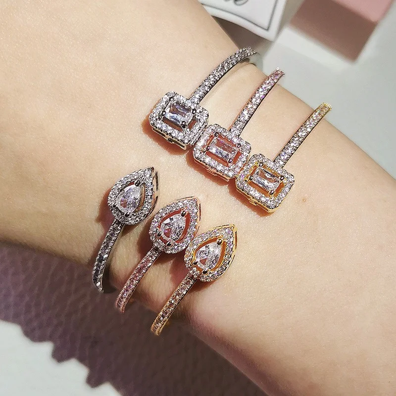Luxury Brand Full of Rhinestone Zircon Opening Bracelets for Women 2023 New Trendy Shiny High-quality Bracelet Ring Jewelry Set
