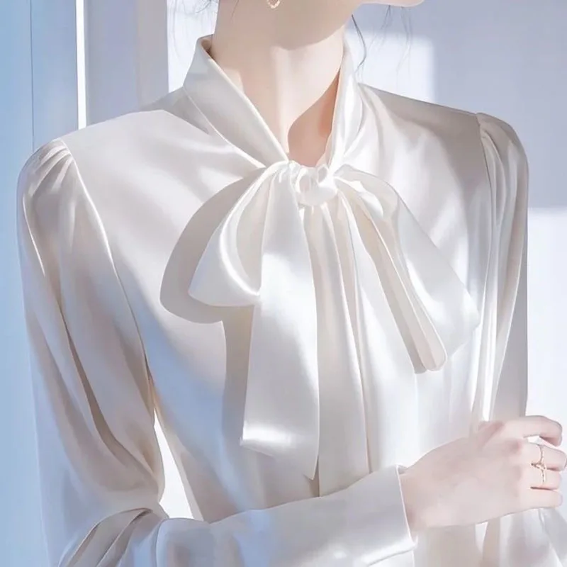 French Bow Tie Tied White Satin Shirt for Women in Early Spring 2025, New High-end Long Sleeved Professional Shirt