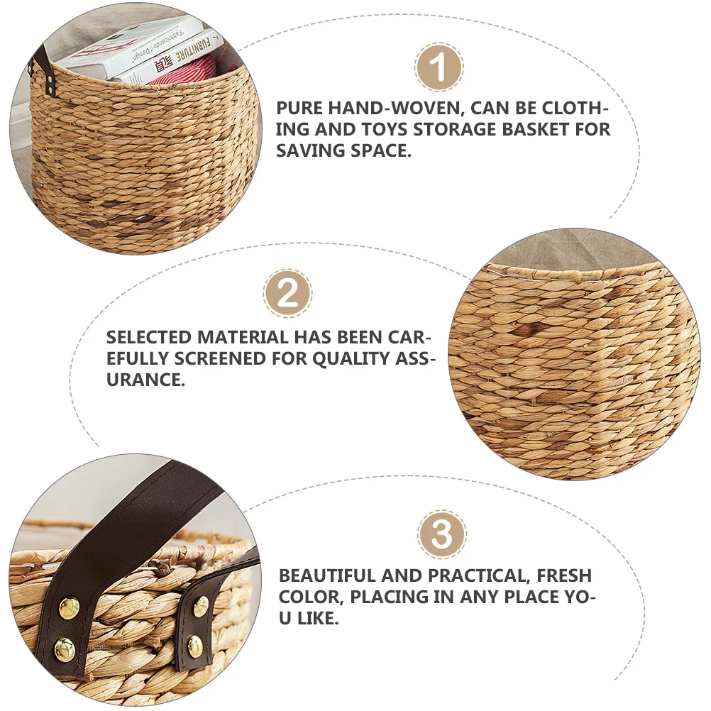 

1pc Grass Woven Storage Basket Handmade Natural Fiber Organizer For Clothing Laundry Home Space-Saving Basket
