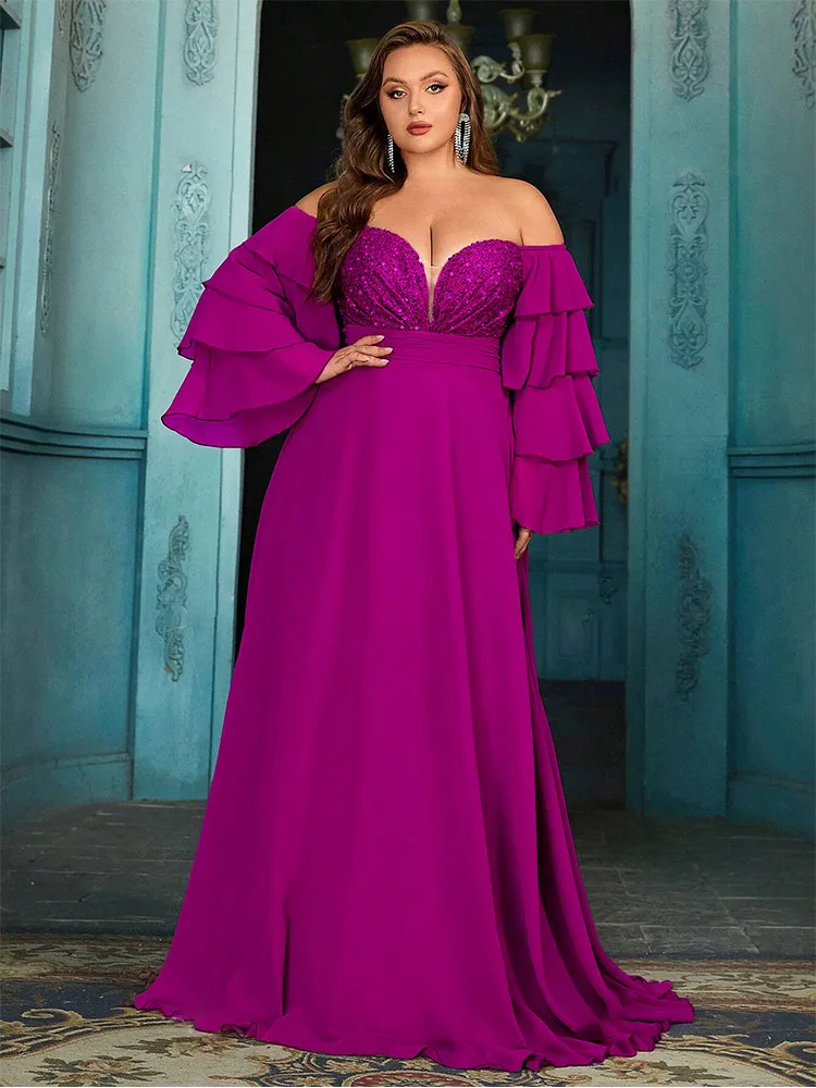 Plus Size Off Shoulder Chiffon Sparkling Evening Gown 4XL 5XL Big Size Chiffon Floor Standing Evening Gown for Women 2024