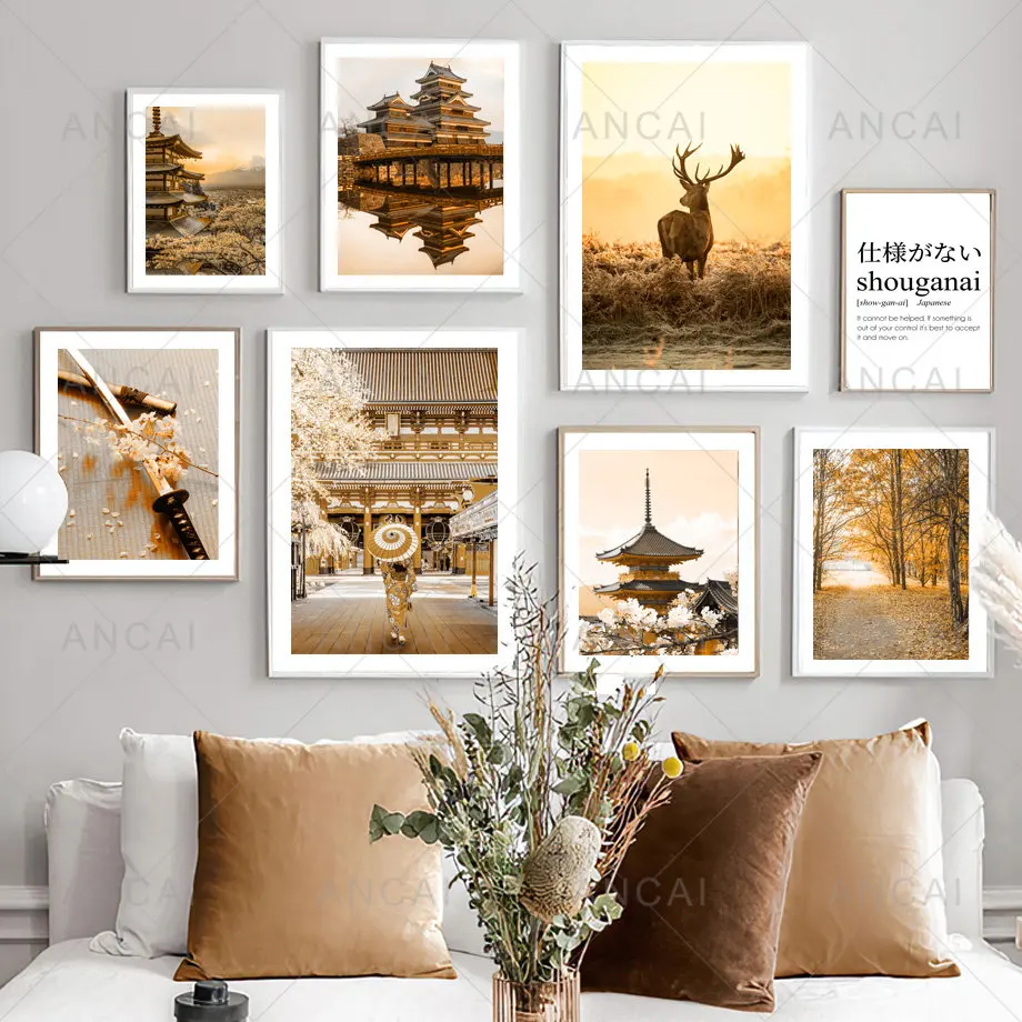 Autumn Japanese Cherry Blossoms Kimono Deer Building Art Print Canvas Painting Nordic Poster Pictures For Living Room Decoration