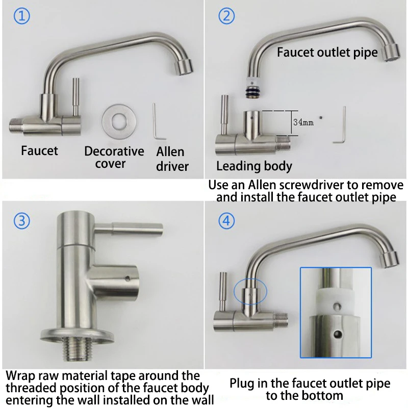1 Stück Schnittstelle 1/2 Zoll SUS304 Edelstahl spritzwassergeschützter Wasserhahn Eingebetteter 7-Typ-Einzelkaltwasserhahn Geeignet zum Waschen in der Küche