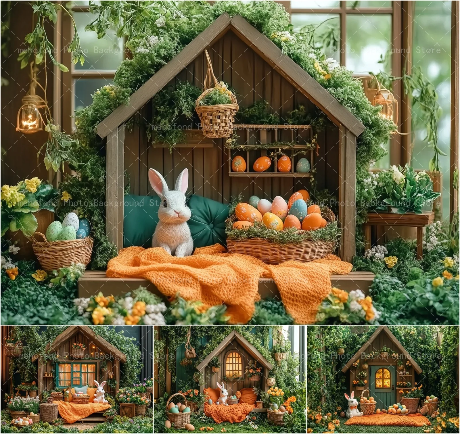 เมโฮฟอนด์การถ่ายภาพพื้นหลังฤดูใบไม้ผลิอีสเตอร์บ้านไม้กระต่ายน้อยสีขาวไข่หลากสีสันเด็กภาพครอบครัวฉากหลังตกแต่ง