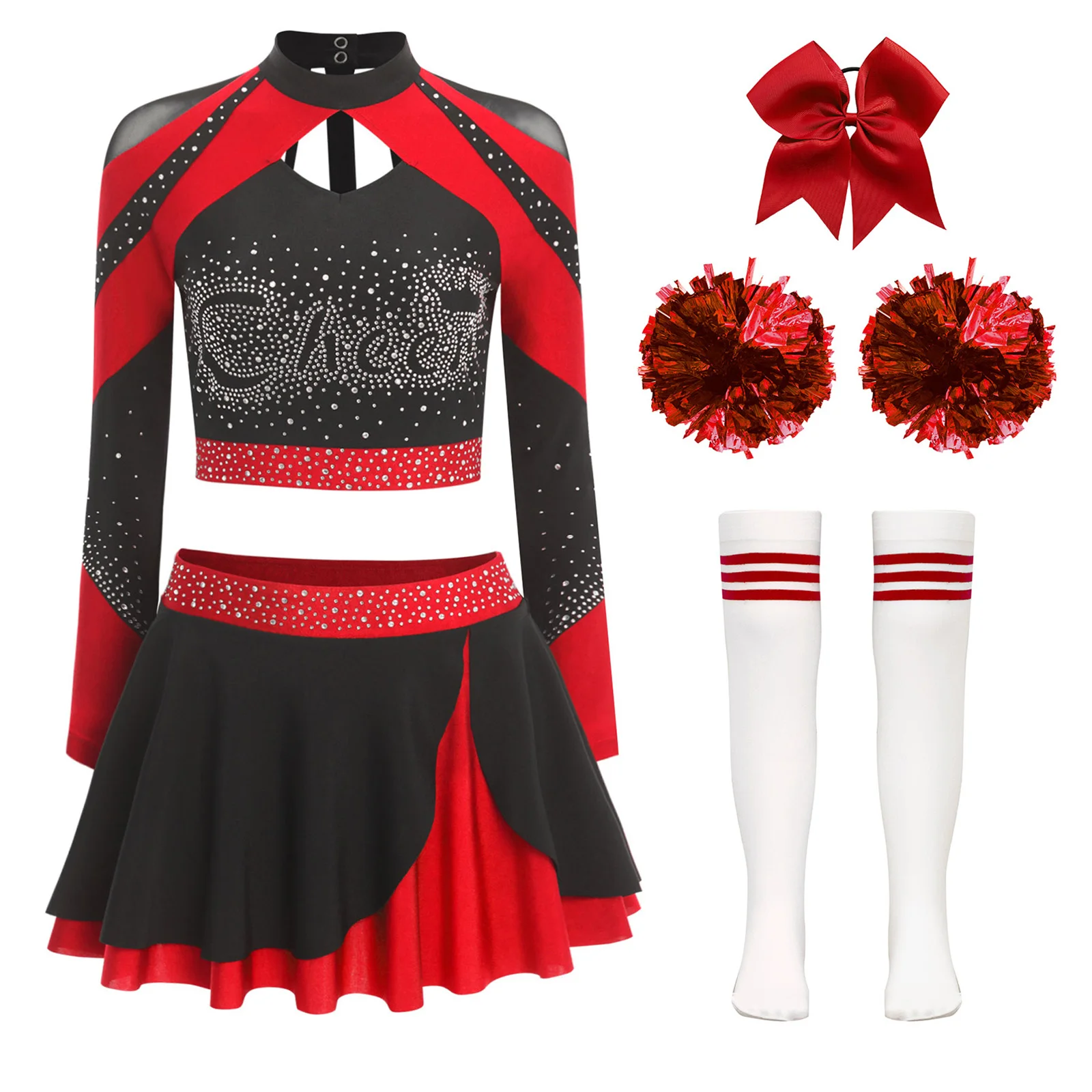 

Women Shiny Cheerleading Cosplay Costume Party Dresses Set Long Sleeve Dance Cheer Dress Cheer Dancing Stage Performance Outfits