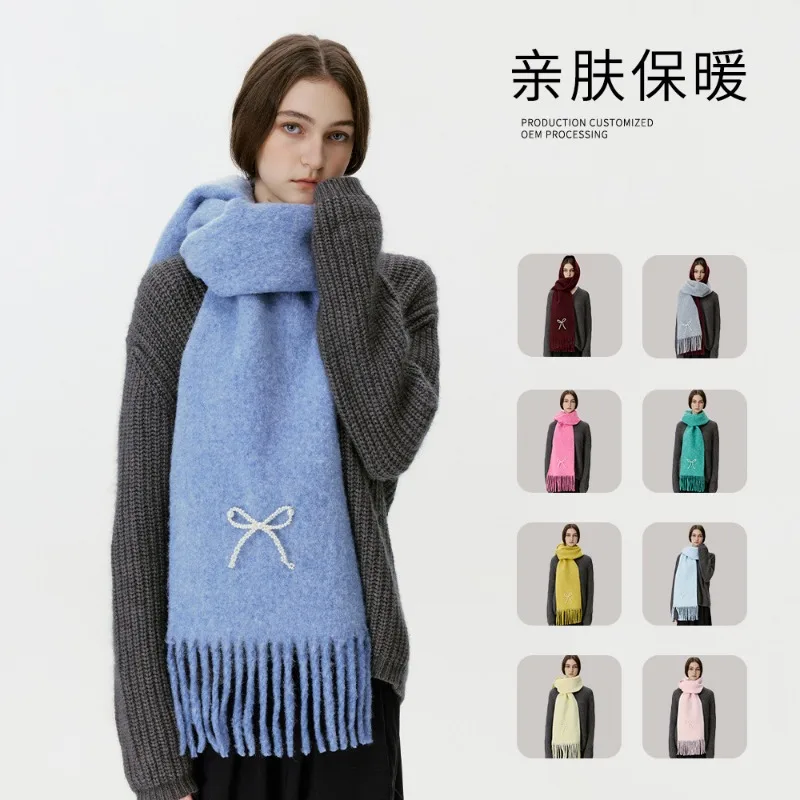 

Корейская версия шарфа с украшением в виде сладкого жемчужного банта, осенние и зимние уличные теплые шарфы для защиты от холода и тепла для женщин