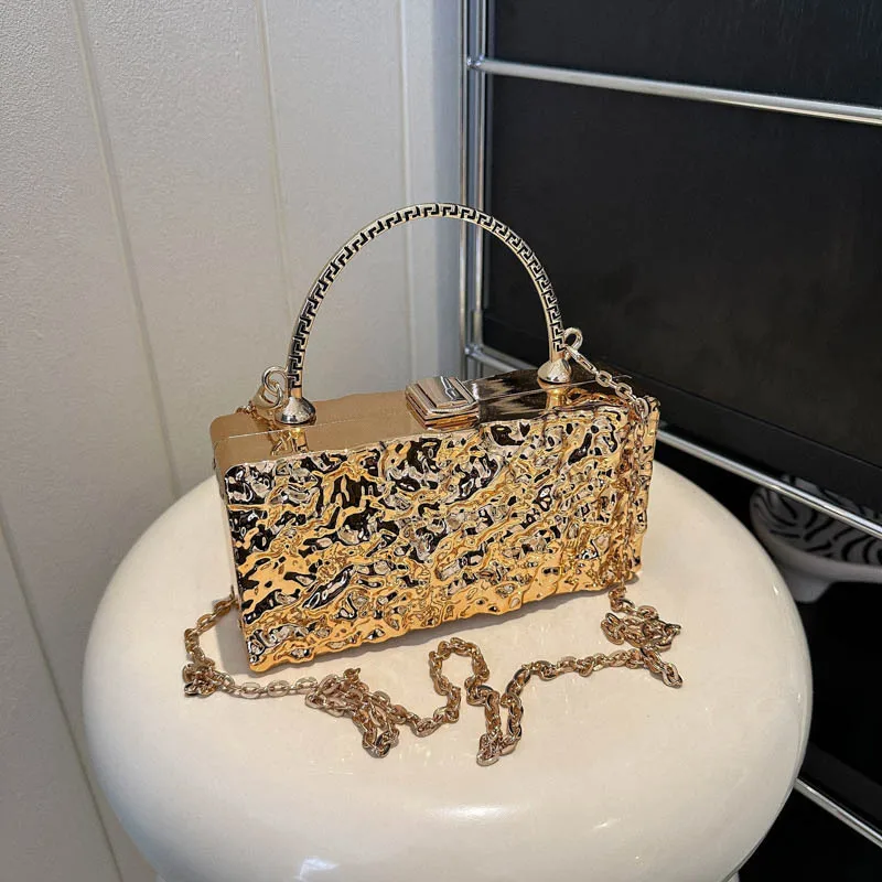 Metal Colour Box Design Women Party Clutch Bag 2023 New Shoulder Chain Purse Handbags Female Gold Crossbody Bag With Handle