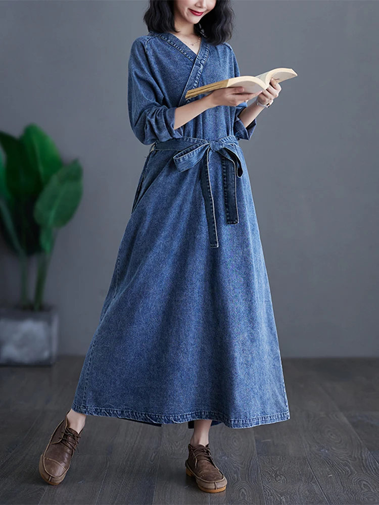 NYFS 2025 ربيع الخريف جديد خمر النساء فساتين من قماش الدنيم Vestidos رداء Elbise فضفاض حجم كبير كم طويل موضة فستان طويل