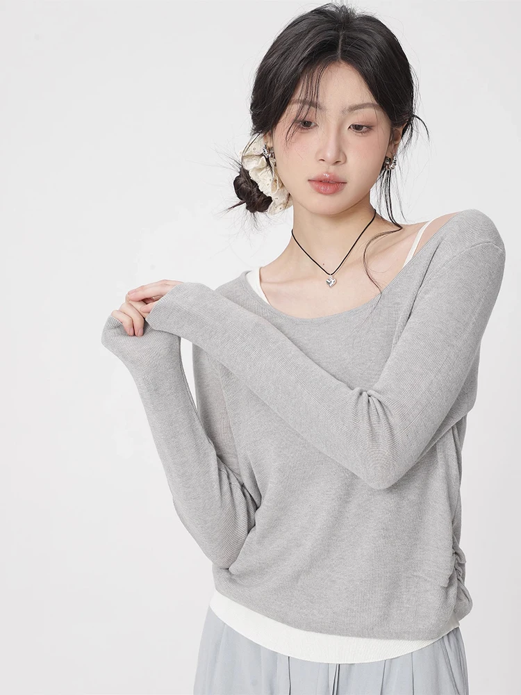 Off Shoulder Sexy Knitted Sweater Female Fake Two Piece Bottoming Pullover Korean Style Fashion Design Casual Tops