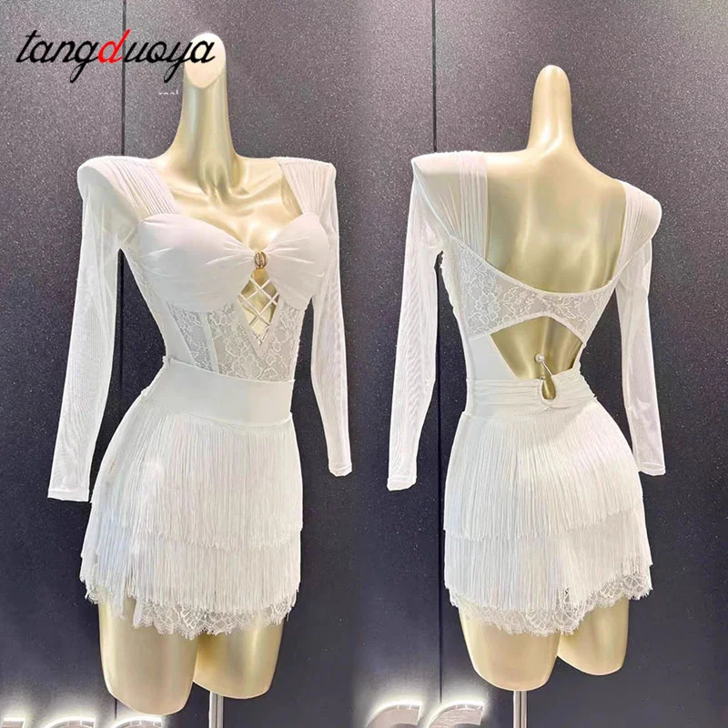 Women Latin Dance Dress Set Performance White Sexy Lace Mesh Top Split Suit Chacha Rumba Adult Latin Dance Practice Clothes