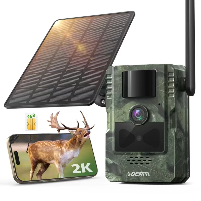 TMEZON Fotocamera per Fauna Selvatica 4G LTE con App di Trasferimento su Smartphone, Fotocamera da Caccia Solare 2.7K con Scheda SIM, Sensore di Movimento PIR, Visione Notturna, SENZA SCHEDA SD