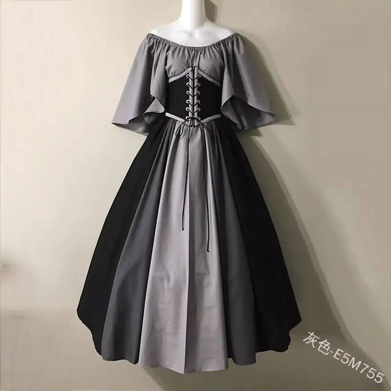 

New Europe And America Middle Ages Revival Retro Splice Waistband Flared Skirt Women Dress Fiesta Carnival Halloween Cos Cosplay