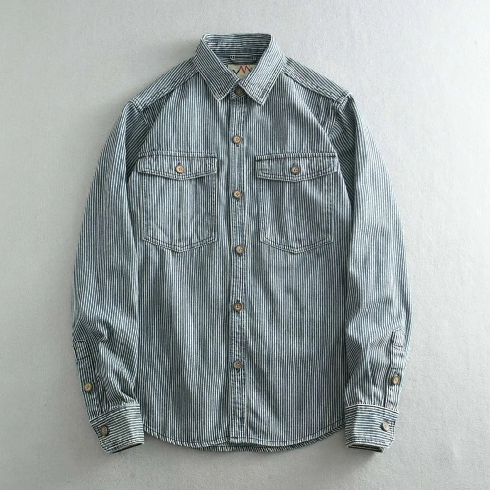 

High Quality Sand Washed Striped Long Sleeve Shirts Men's Casual Denim Shirt American Vintage Style Autumn Shirts for Men