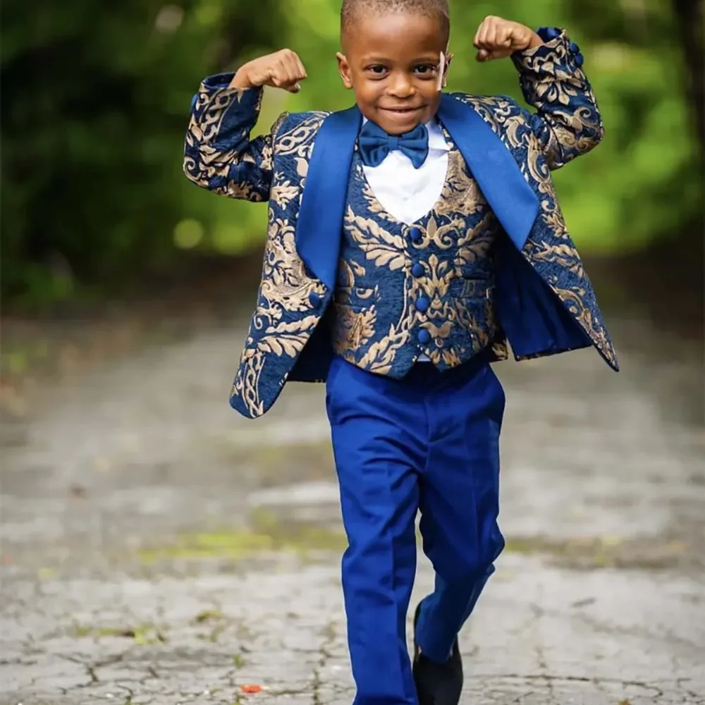 

Suit for Boys Wedding Floral Jacket Pants Vest Three Piece Jacquard Set Gold Pattern Fashion Blazer Kids Complete Clothes