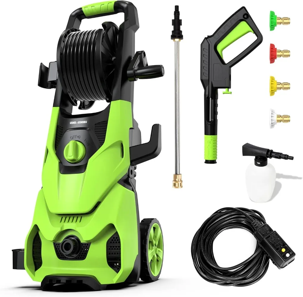 2150PSI Max 2.6 GPM Power Washer with Hose Reel, 4 Quick Connect Nozzles, Soap Tank,/Car/Driveway/Patio Clean, Green