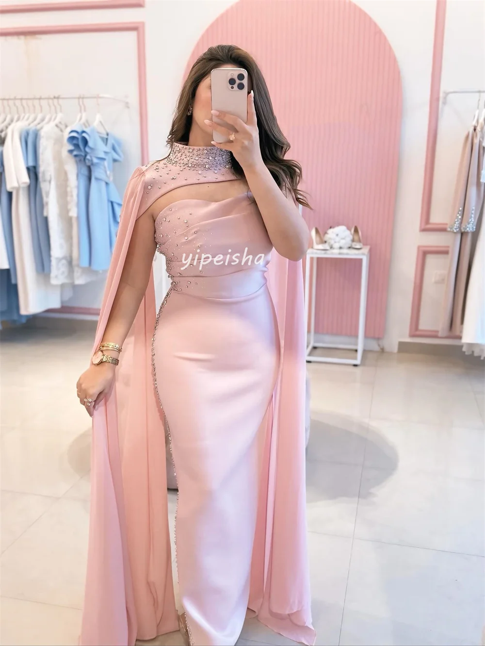 Robes mi-longues droites à col haut, Jersey formel complexe personnalisé avec perles et strass, robes d'occasion sur mesure, rétro exquis