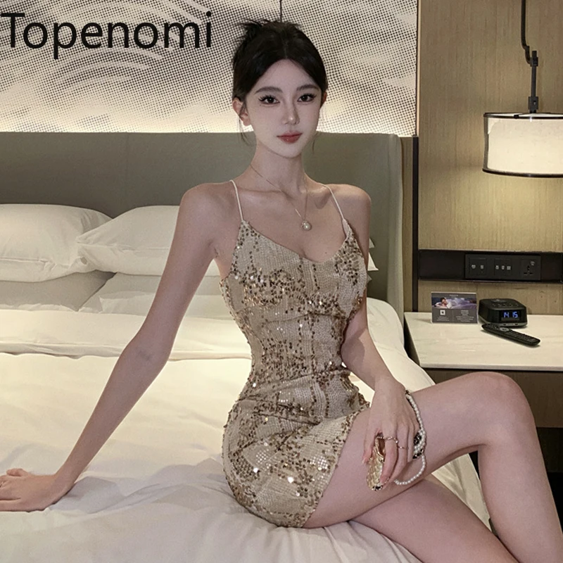 

Topenomi Sexy Sequins Suspender Party Dress Women Korean Fashion Cross Backless Slim Fit Night Evening Vestidos De Mujer Summer