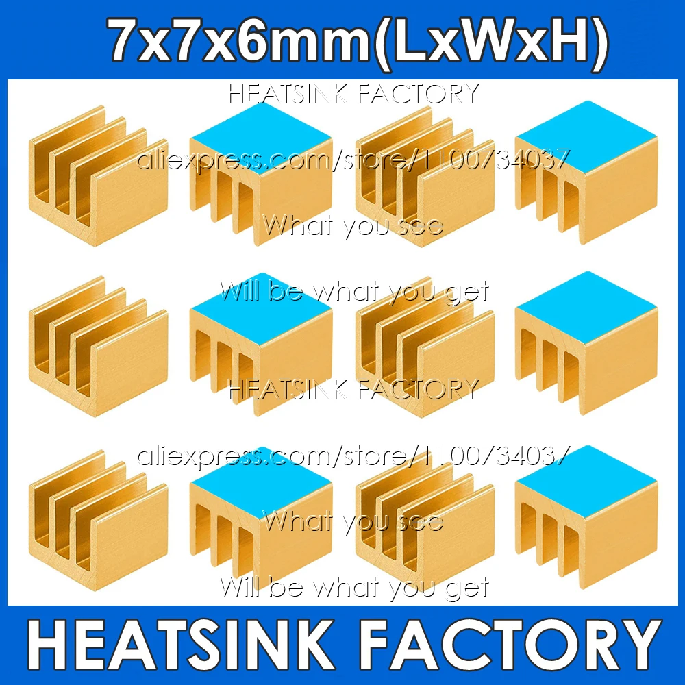 Free Shipping No Tape / With Thermal Tape, 7x7x6mm Gold Anodized Aluminum Heatsink Heat Sink Radiator Cooler forVGA RAM,IC Chips